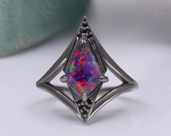 Kite Shape Fire Opal Gemstone Engagement Ring 925 Black Rhodium Art Deco Promise Ring Wedding Bridal Anniversary Proposal Gifted