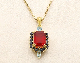 Emerald Cut Red Garnet Pendant and 18inch Box Chain, 925 silver Pandant, Blue Topaz Black Spinal Necklace For Her Anniversary Gift For Her