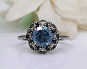 Regalos de cumpleaños Anillo Art Déco de Alejandrita: Halo de espinela negra, plata 925