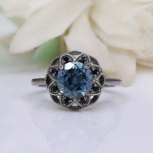 Alexandrite Gemstone Art Deco Black Rhodiu 925 Silver Wedding Bridal Ring Beautiful Black Spinal Halo Floral Ring Anniversary Proposal Gift