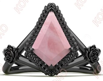 12X8mm Kite Shape Rose Quartz Gemstone 925 Silver Black Rhodium Engagement Wedding Bridal Flower Leaf Ring Nature Inspired 14K Gold Ring