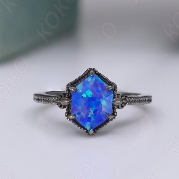 Hexagon Blue Fire Opal Gemstone Anniversary Bridal Ring Beautiful 925 Black Rhodium Engagement Art Deco Women Promise Birthday Gift