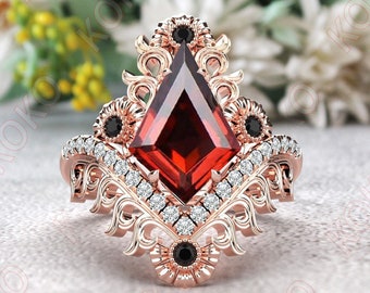 Art Deco Garnet Engagement Ring 14k Gold Garnet Wedding Ring For Women Kite Shaped Garnet Bridal Promise Ring Women Unique Anniversary Ring