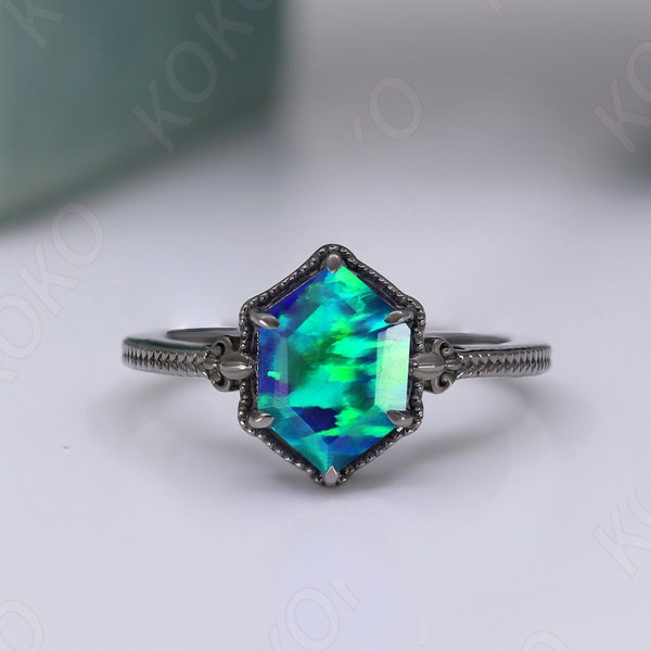 Hexagon Blue & Green Fire Opal Gemstone Anniversary Bridal Ring Beautiful 925 Black Rhodium Engagement Art Deco Women Promise Birthday Gift