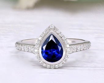 Blauer Saphir Sterling Silber Ehering, Pear Halo Träne