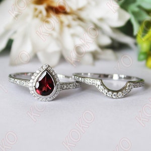 8x6mm Pear shape red garnet gemstone halo solitaire ring for women, red stone ring, anniversary gift, wedding ring,bezel set stone ring gift