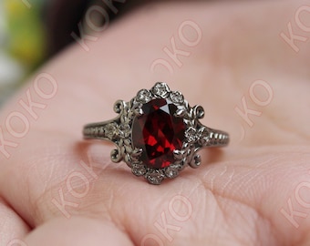 Oval 9x7mm Natural Red Garnet Engagement Ring, Antique Black rhodium Wedding Ring, Floral Flower Nature Inspired Ring, Art deco Women's Ring