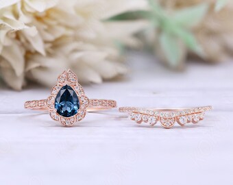 Pear Natural London Blue Topaz Wedding Ring Set, 2pcs Anniversary Ring Set, Vintage Halo Ring Set, Antique Promise Ring Set For Love