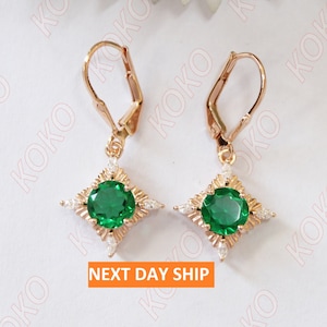 Vintage Art deco Floral Emerald Dangle earrings, Moissanite Marquise Drop Earring for Woman, Next Day Ship Earring, Gift for Woman, Brithday