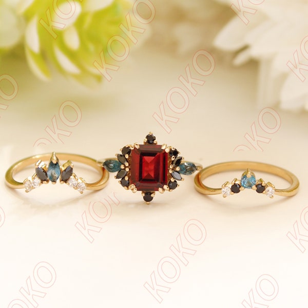 Natural Red Garnet Engagement Ring Set, Art deco 3Pcs Wedding Bridal Ring Set, Emerald Cut Garnet Ring, Gift For Her,January Birthstone Ring