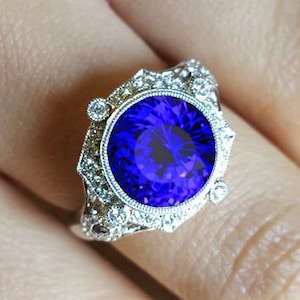 Round 12.00mm AAA+ Natural Violet Blue Tanzanite Gemstone Gold ring, Diamond Gold ring, Halo ring, December Birthstone ring, Gift for Love
