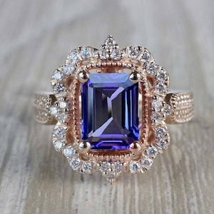 Octagon 9x7mm AAA+ Natural Violet Blue Tanzanite Gemstone Engagement Gold ring, Halo ring, Diamond ring, Women&#39;s Gold Jewelry, Gift for Love