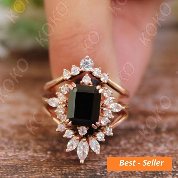 Natural Black Onyx Engagement Ring Set, Art deco 3Pcs Wedding Bridal Ring, Emerald Cut Black Stone Ring, Gift For Her, Marquise Moissanite
