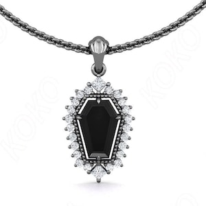 Coffin Black Onyx Black Rhodium Moissanite Halo Pendant Beautiful Art Deco Onyx 18 inch Cable Chain Necklace Women&#39;s Gift For Anniversary