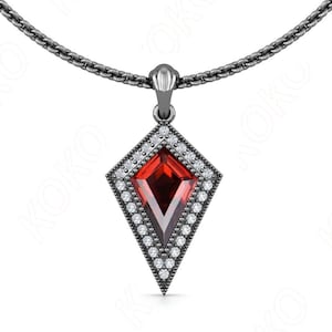 Natural Red Garnet 925 Black Rhodium Moissanite Halo Pendant Unique Art Deco 18 inch Cable Chain Necklace Wedding Bridal Anniversary Gift