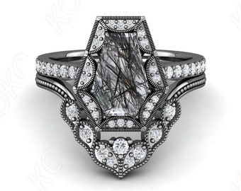 Unique Coffin Black Rutile Gemstone Art Deco Engagement Bridal Ring Set 14K Rose Gold Stacking Band Women's Birthday Anniversary Gift