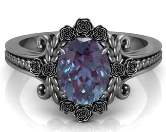 Beautiful Bridal Ring, Oval 9x7mm Lab Alexandrite Wedding Ring, Antique Black Rhodium Engagement Ring gift Floral Flower Nature Inspire Ring