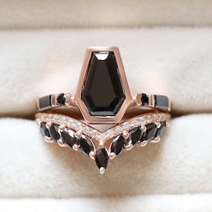 Beautiful Coffin Black Onyx Gemstone 14K Rose Gold Plated Silver Anniversary Ring Set Unique Art Deco Moissanite  Stacking Band Ring Set