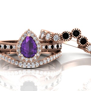 Natural Amethyst 3PCS Ring Set, Pear 7x5mm Vintage Natural Amethyst Anniversary Ring, Crwon Ring,Art deco Halo Promise Ring set For Her