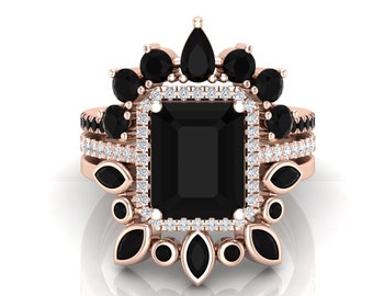 Gifts For Anniversary Black Onyx Engagement Ring Set, Art Deco Halo, Sterling Silver