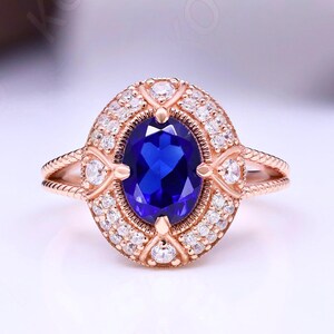 Oval Blauer Saphir 14K Rose Gold 925 Silber Verlobungsring Versprechensring Statement Ring Geburtstag Geschenk Jahrestag Ring Abschlussgeschenk