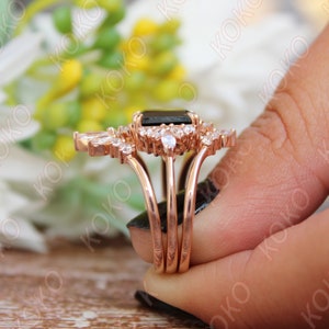 Natural Black Onyx Engagement Ring Set, Art deco 3Pcs Wedding Bridal Ring, Emerald Cut Black Stone Ring, Gift For Her, Marquise Moissanite image 6