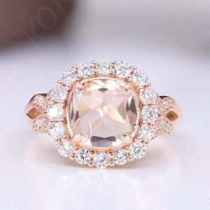 Cushion Peach Morganite Gemstone Engagement Ring Bridal Wedding Ring Halo Ring 14K Rose Gold 925 Silver Ring Anniversary Ring For Love