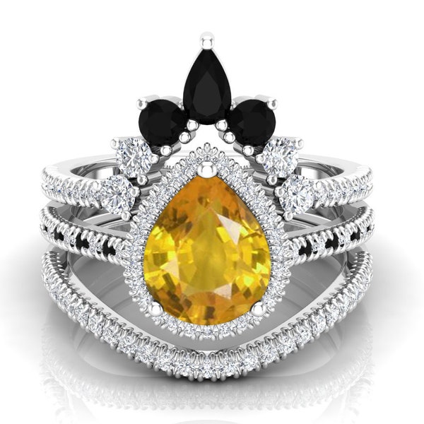 Ensemble de 3 bagues de mariage en saphir jaune cultivé en laboratoire, poire 10x8 mm, ensemble de bagues de proposition de halo, bague couronne, bague pour femme en pierre jaune en forme de larme.