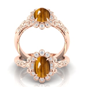 Cabouchon Oval shape AAA Top quality tiger eye gemstone promise ring, wedding ring, 14k rose gold ring, wife anniversary designer ring gift