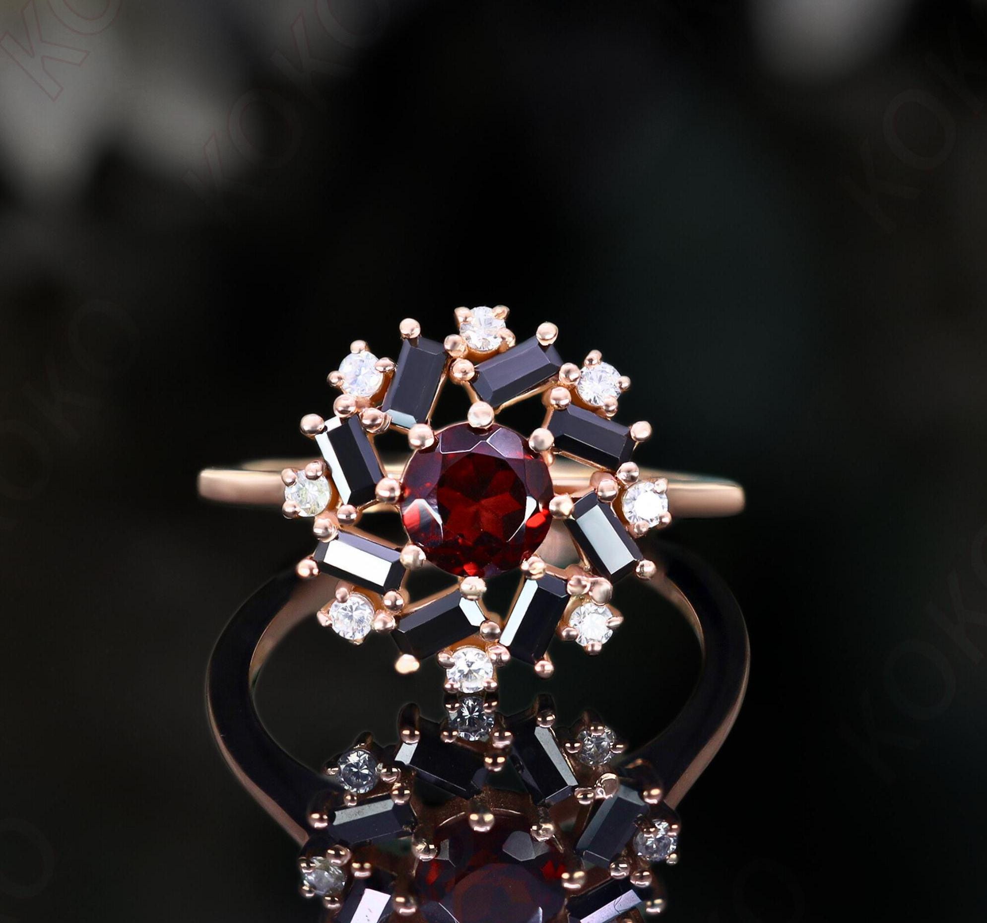 Round Red Garnet 14K Rose Gold 925 Silver Halo Engagement Ring Promise Ring Statement Ring Birthday Gift Anniversary Ring Graduation Gift