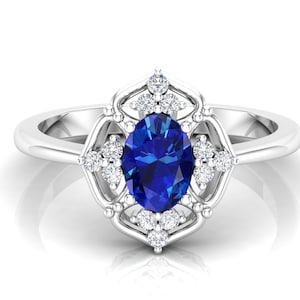 Oval Shape Blue Sapphire Engagement Ring, Beautiful Blue Stone Ring, Promise Ring For Her, Moissanite Ring, Ancient Ring, Cathedral Ring.