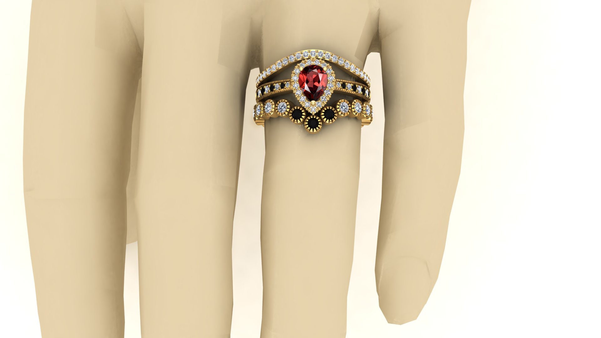 Red Garnet, Moonstone & Chalcedony Adjustable Ring - Handmade Brass Gold Plated Three Stone Jewelry - View #6