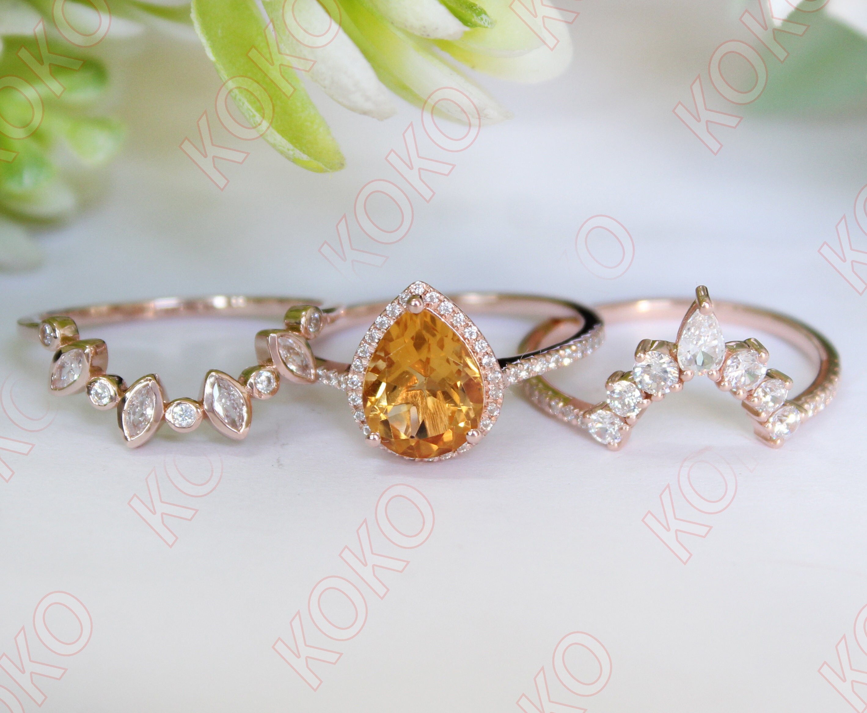 Pear 10x8mm Natural Citrine Engagement Ring Set, Antique 3Pcs Wedding Ring Set For her, Vintage Halo Ring, Teardrop Stone Ring,Gift For Love