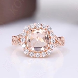 Cushion Peach Morganite Gemstone Engagement Ring Bridal Wedding Ring Dainty Ring 14K Rose Gold 925 Silver Ring Anniversary Ring For Love