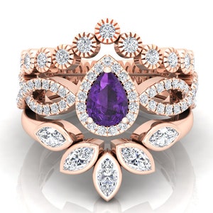 3pcs Wedding Bridal Ring Set, Pear 7x5mm Amethyst Engagement Ring Set, Art deco Ring Set, Vintage Halo Proposal Ring Set, Gift For Birthday