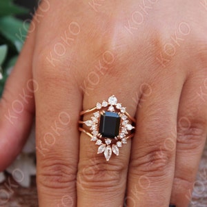 Natural Black Onyx Engagement Ring Set, Art deco 3Pcs Wedding Bridal Ring, Emerald Cut Black Stone Ring, Gift For Her, Marquise Moissanite image 3