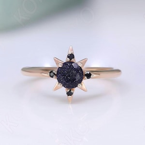 Round sandstone gemstone dainty ring 14K rose gold 925 silver ring celestial star ring promise ring statement ring birthday gift