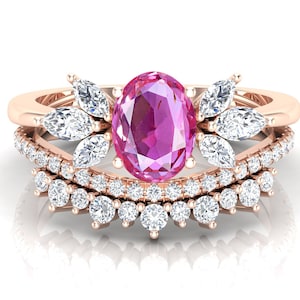 Oval 8x6mm Lab Grown AAA quality Pink Sapphire Wedding Ring Set,Art deco Ring Set, Engagement Gift For Her,Pink Precious Stone Ring For Wife