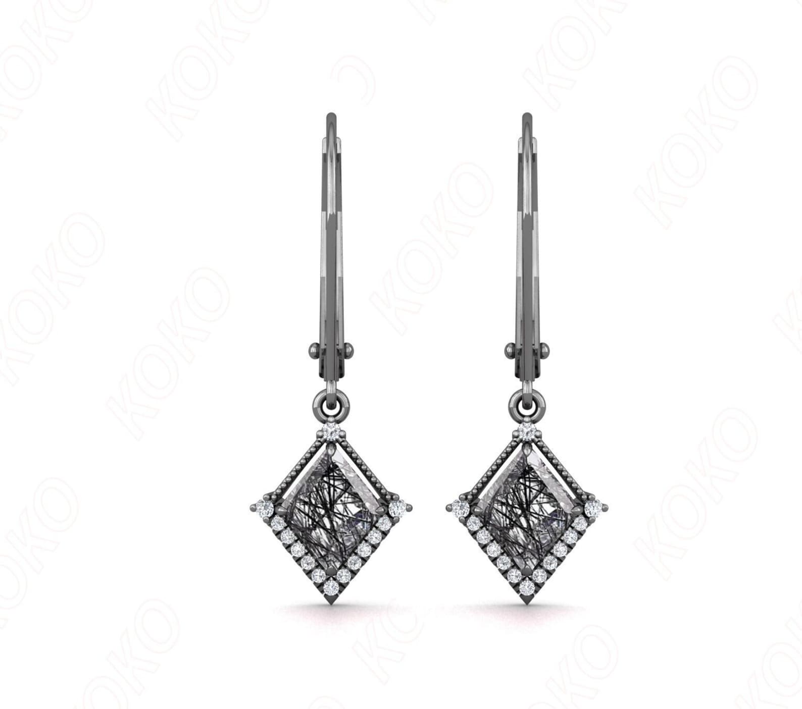 Black rhodium kite drop earrings with moissanite halo and black rutile quartz center