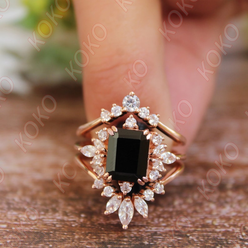 Natural Black Onyx Engagement Ring Set, Art deco 3Pcs Wedding Bridal Ring, Emerald Cut Black Stone Ring, Gift For Her, Marquise Moissanite image 7