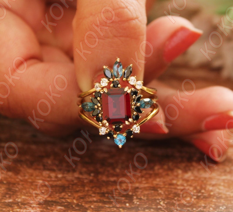 Ensemble de bagues de fiançailles grenat rouge naturel, 3 pièces de bague de mariage art déco, bague grenat taille émeraude, cadeau pour elle, bague de naissance de janvier image 10