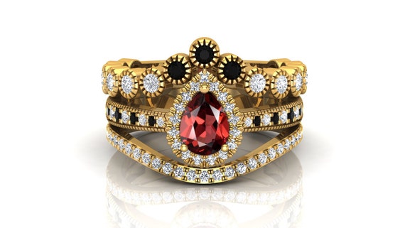 Red Garnet, Moonstone & Chalcedony Adjustable Ring - Handmade Brass Gold Plated Three Stone Jewelry - View #9