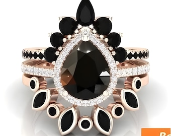 Natural Black Onyx Engagement Ring Set, 3pcs Wedding Ring Set For Bride, Vintage Art deco Halo Ring Set, Black Spinal Ring, Gift For Women