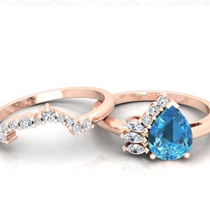 8x6mm Pear Shape Swiss Blue Topaz Gemstone Engagement Ring Set, Gift For Wife, 2Pcs Wedding Ring Set For Women, Half Halo Promise Ring Set..