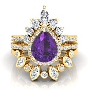 Natural Amethyst Engagement Ring Set, Antique 3Pcs Wedding Ring Set For her, Vintage Halo Ring, Gorgeous Teardrop Ring, Gift For Anniversary