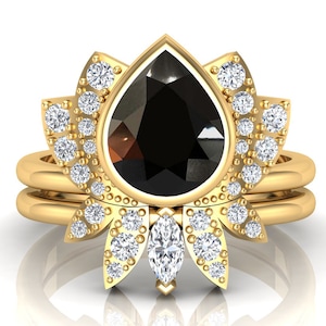 2PCS Black Onyx Wedding Ring, Natural Black Onyx Engagement Ring set For Her,Bezel Setting Ring For Christmas Gift,Lotus Flower Women&#39;s Ring