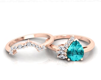 Antique Teardrop Paraiba Tourmaline Stone Wedding Ring Set, Pear Cut Tourmaline Engagement Ring, 2Pcs Women's Half Halo Anniversary Ring Set