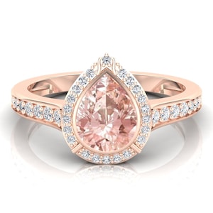 Pear shape peach morganite gemstone halo solitaire ring for women, pear stone ring, anniversary gift,wedding ring,bezel set stone ring