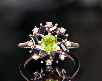 Ronde peridot 14K roségoud 925 zilveren halo verlovingsring belofte ring statement ring art deco verjaardagsring verjaardag afstudeercadeau