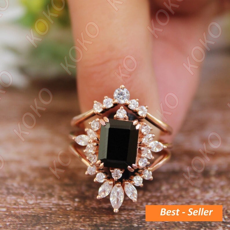 Natural Black Onyx Engagement Ring Set, Art deco 3Pcs Wedding Bridal Ring, Emerald Cut Black Stone Ring, Gift For Her, Marquise Moissanite image 1